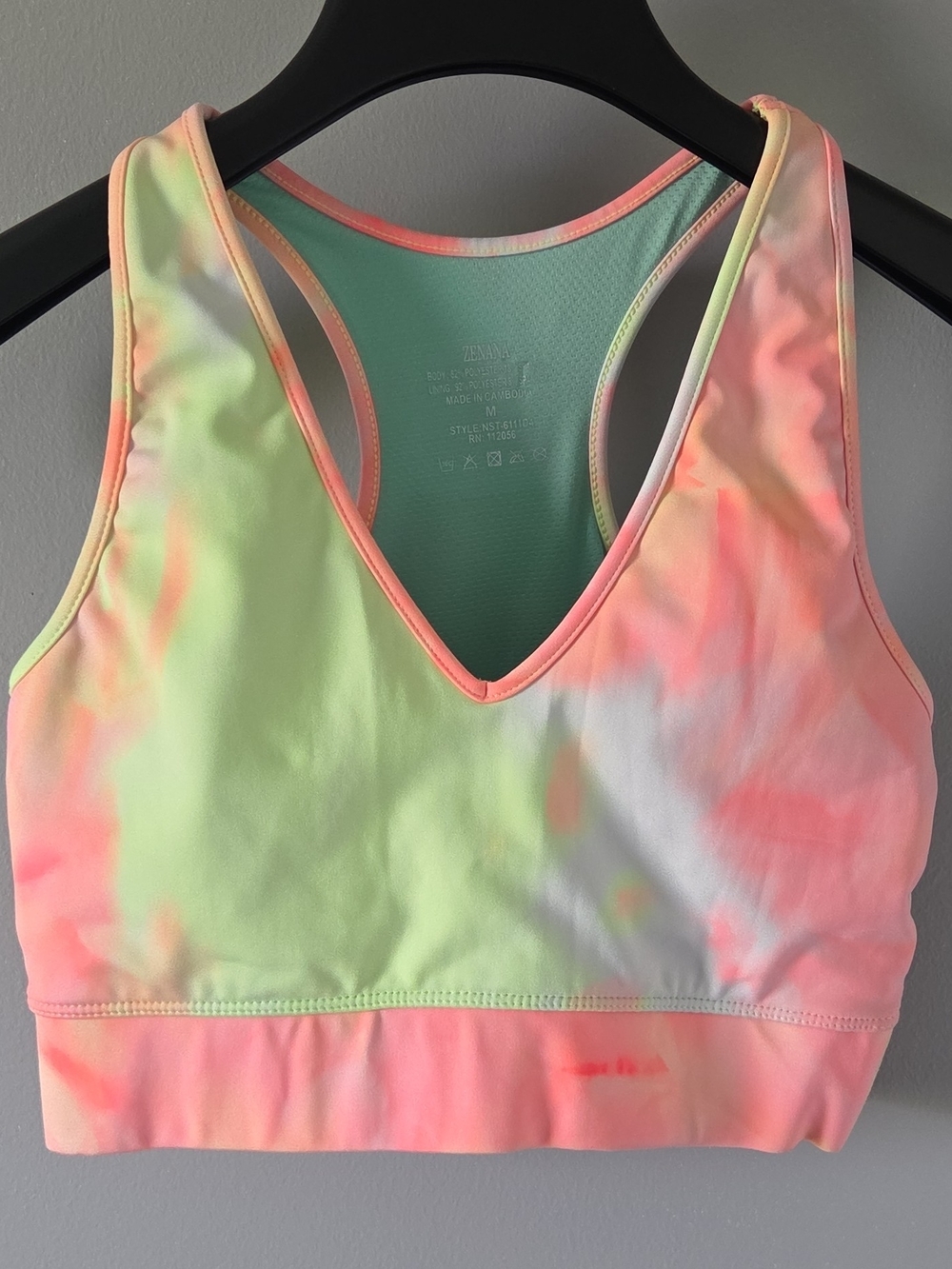Zenana Outfitters Neon Tie-Dye V-Neck Padded Sports Bra - Pink Lime, Mint Size M
